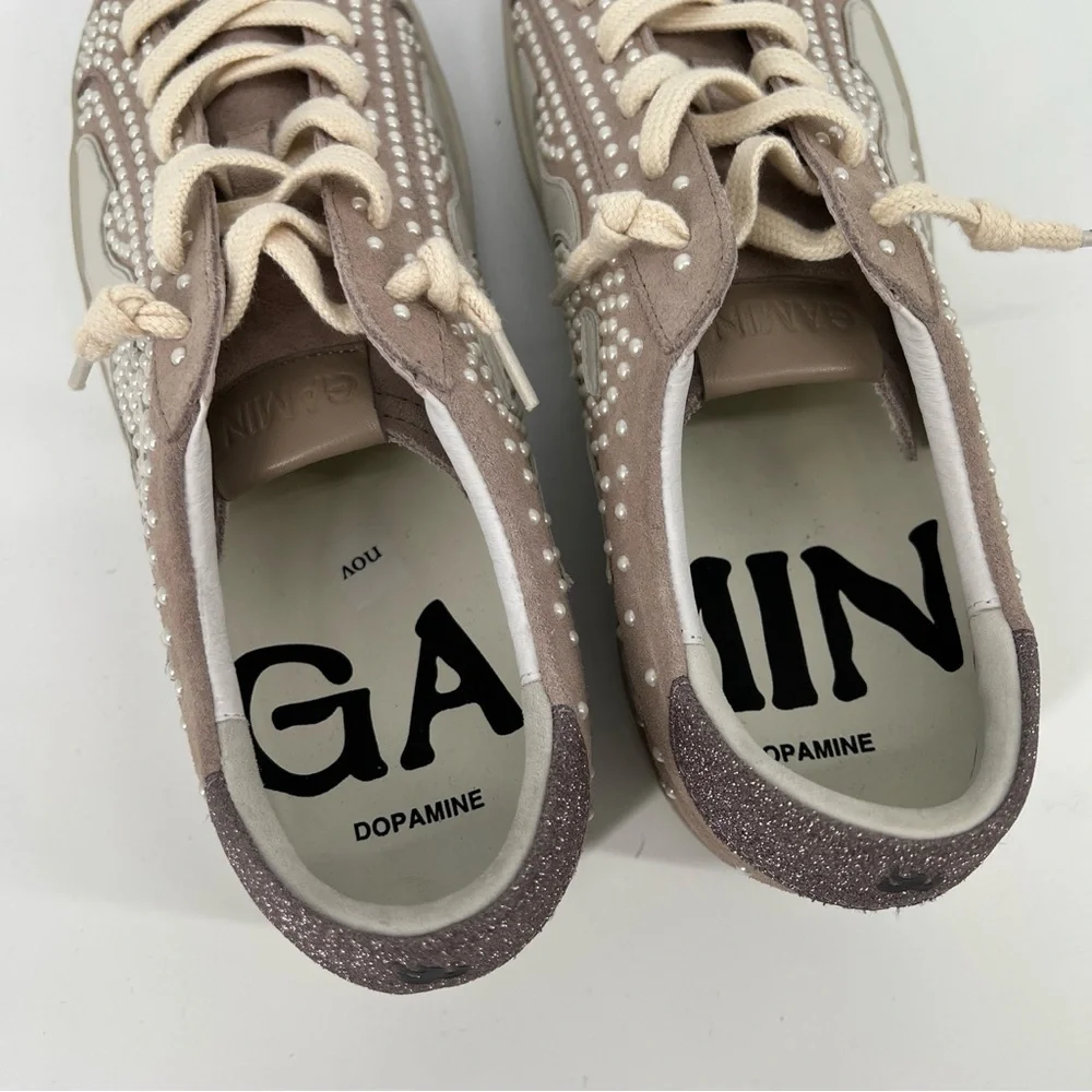 Bibi Lou Gamin Pearl Embroidered Suede Lace Up Designer Sneakers in Lilac 7